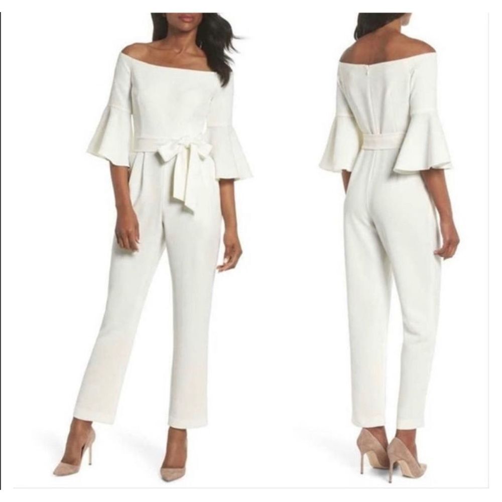 Eliza J Off-Shoulder White Jumpsuit with Bell Sleeves
